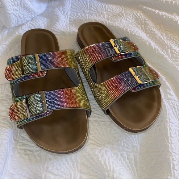 Rainbow Sparkle Double Buckle Slide Sandals Torrid Size 10.5 WW - Picture 3 of 11